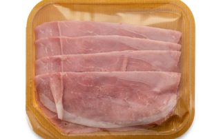 Cooked,Ham,Slices,Sealed,In,Transparent,Brown,Plasticized,Paper,Tray